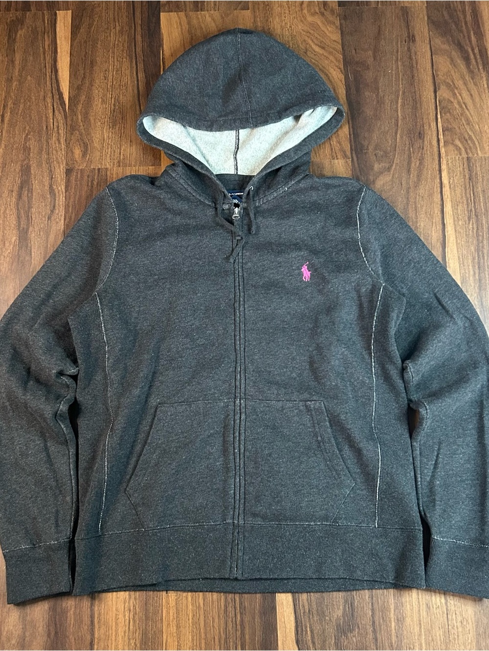 Y2K Polo by Ralph Lauren women Charcoal Gray Zip Hoodie with Pink Pony